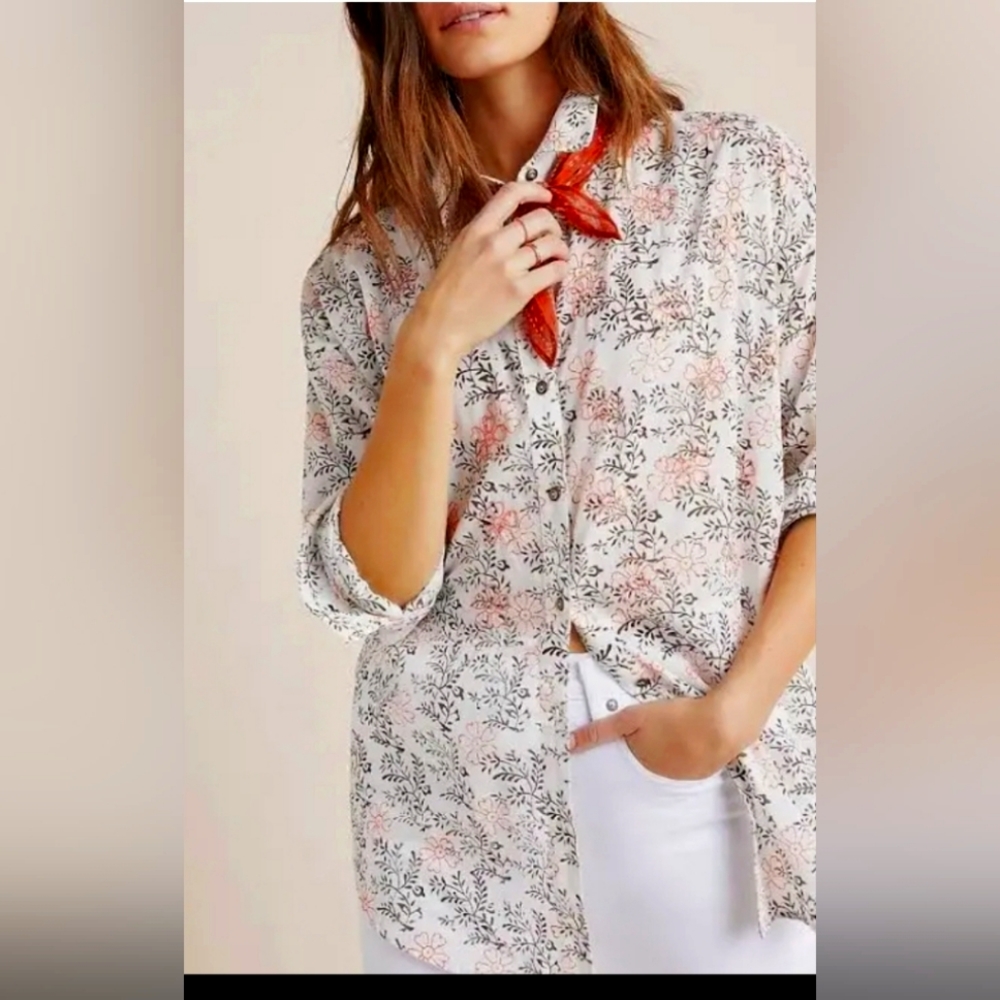 Anthropologie White Embroidered Floral Button Down 3x